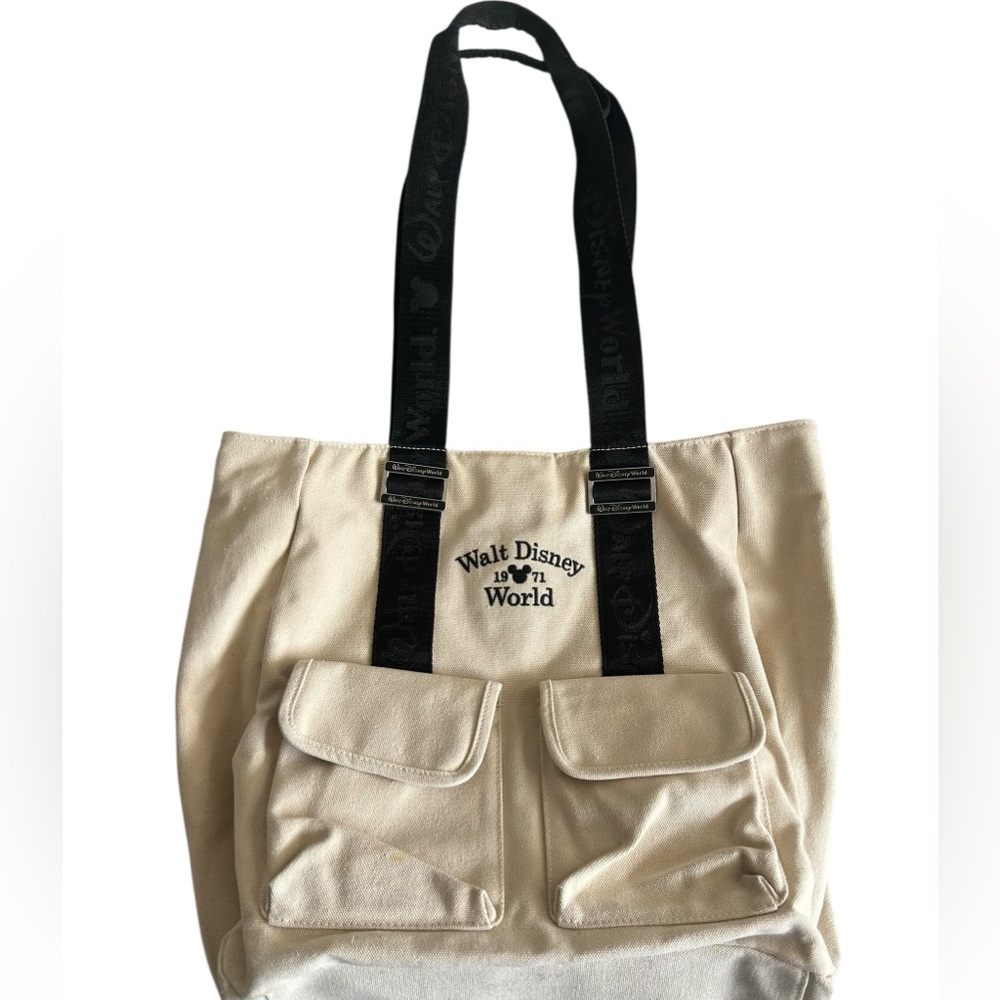 Walt Disney World 1971 Canvas Tote Bag Beige Black Logo Pockets Mickey